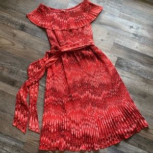 MICHAEL MICHAEL KORS Off Shoulder Pleated A-Line Tie Waist, Poppy Red